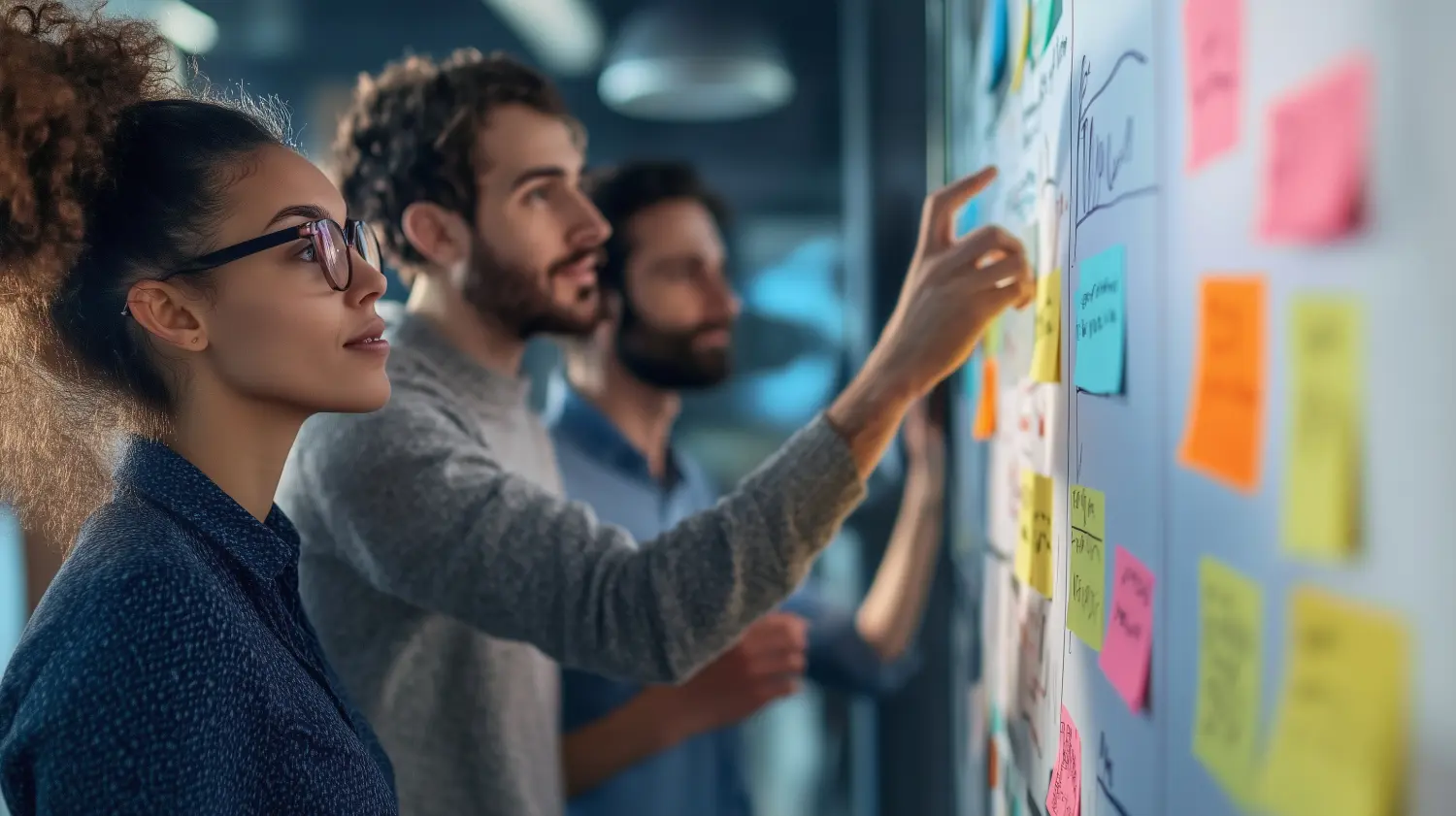 Das Marketingteam arbeitet im Büro zusammen und nutzt die Kanban-Methode während eines produktiven Strategieplanungsmeetings.