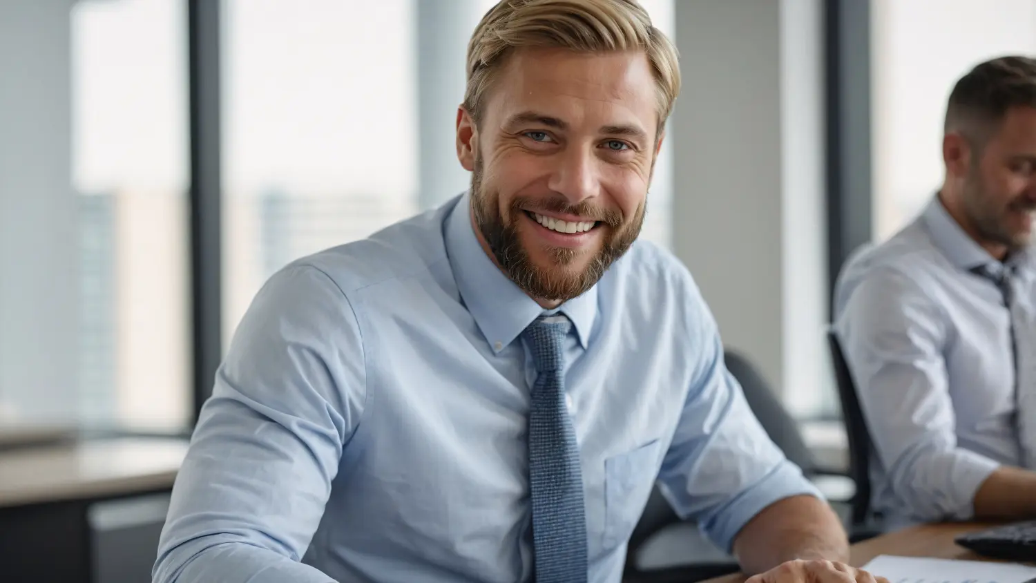 Charismatischer Finanzberater führt an einem sonnigen Nachmittag ein aufschlussreiches Gespräch in einem modernen Büroumfeld.