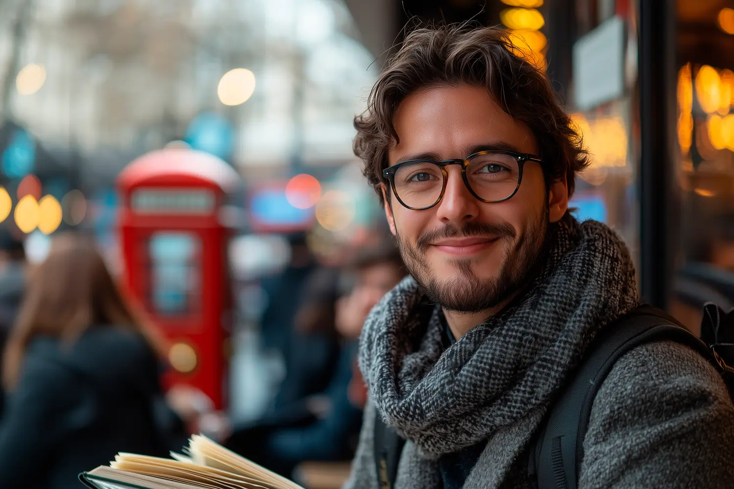Englischschule: Lächelnder Lehrer mit einem offenen Buch in der Hand.